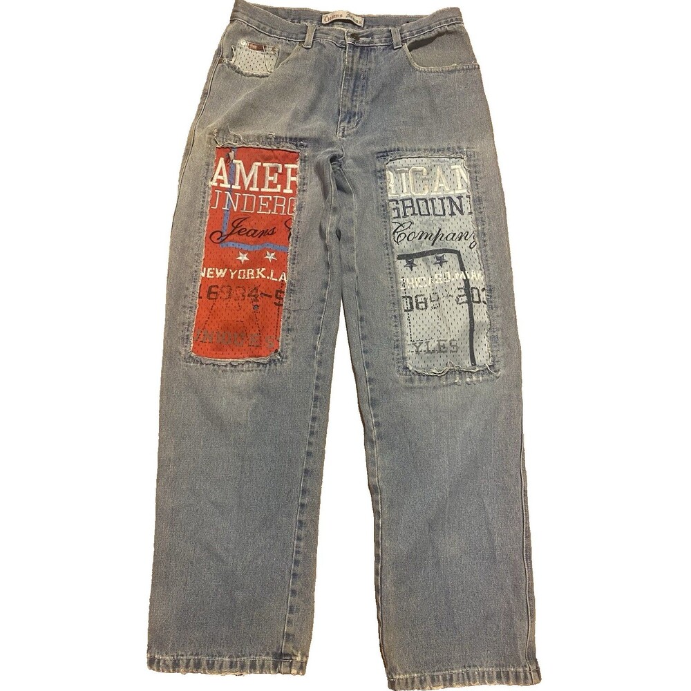Y2K Baggy Jeans 32 Patchwork Grunge Graphic American Underground Punk Steetwear